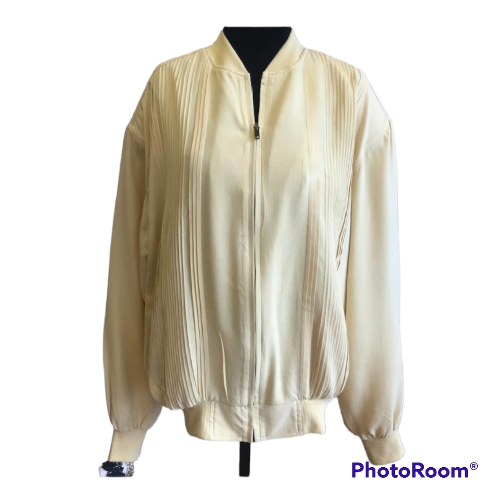 Vintage 90’s Scandia Woods 100% Silk Yellow Bomber Jacket MENS Pleated Size M